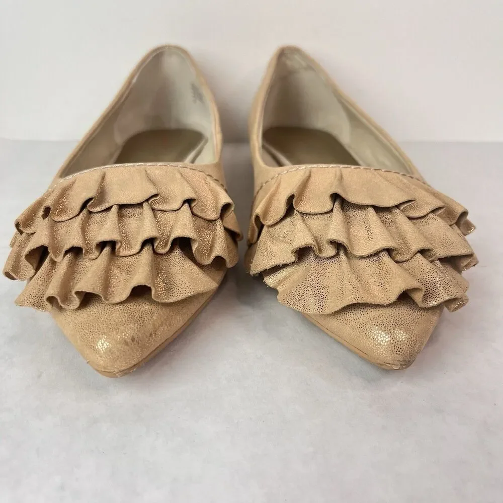 Seychelle Cottagecore Flats size 9 Downstage Gold Ruffle Tiered Shimmer Slip On